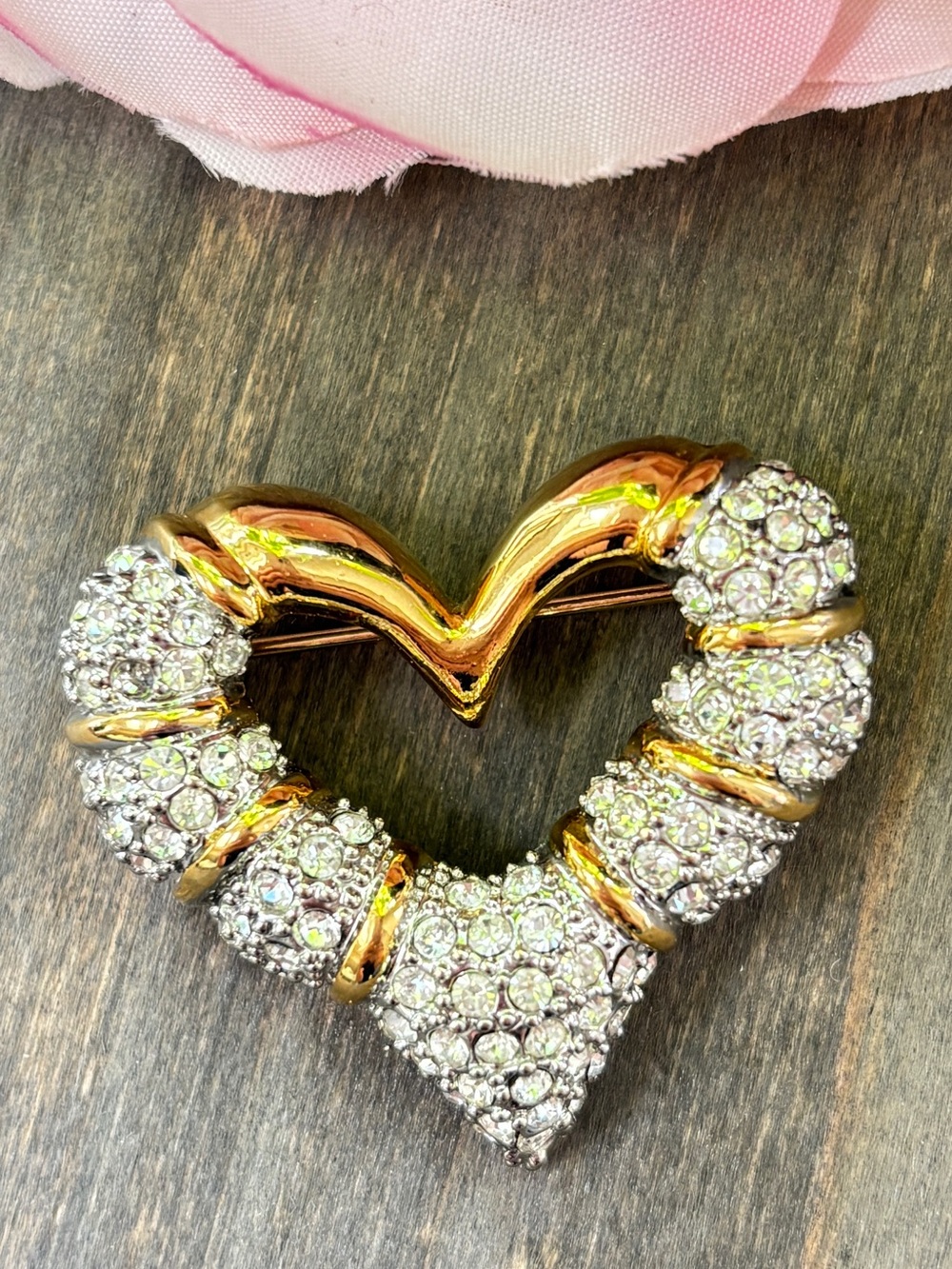 Gorgeous Gold Heart Brooch Rhinestone Encrusted Vintage
